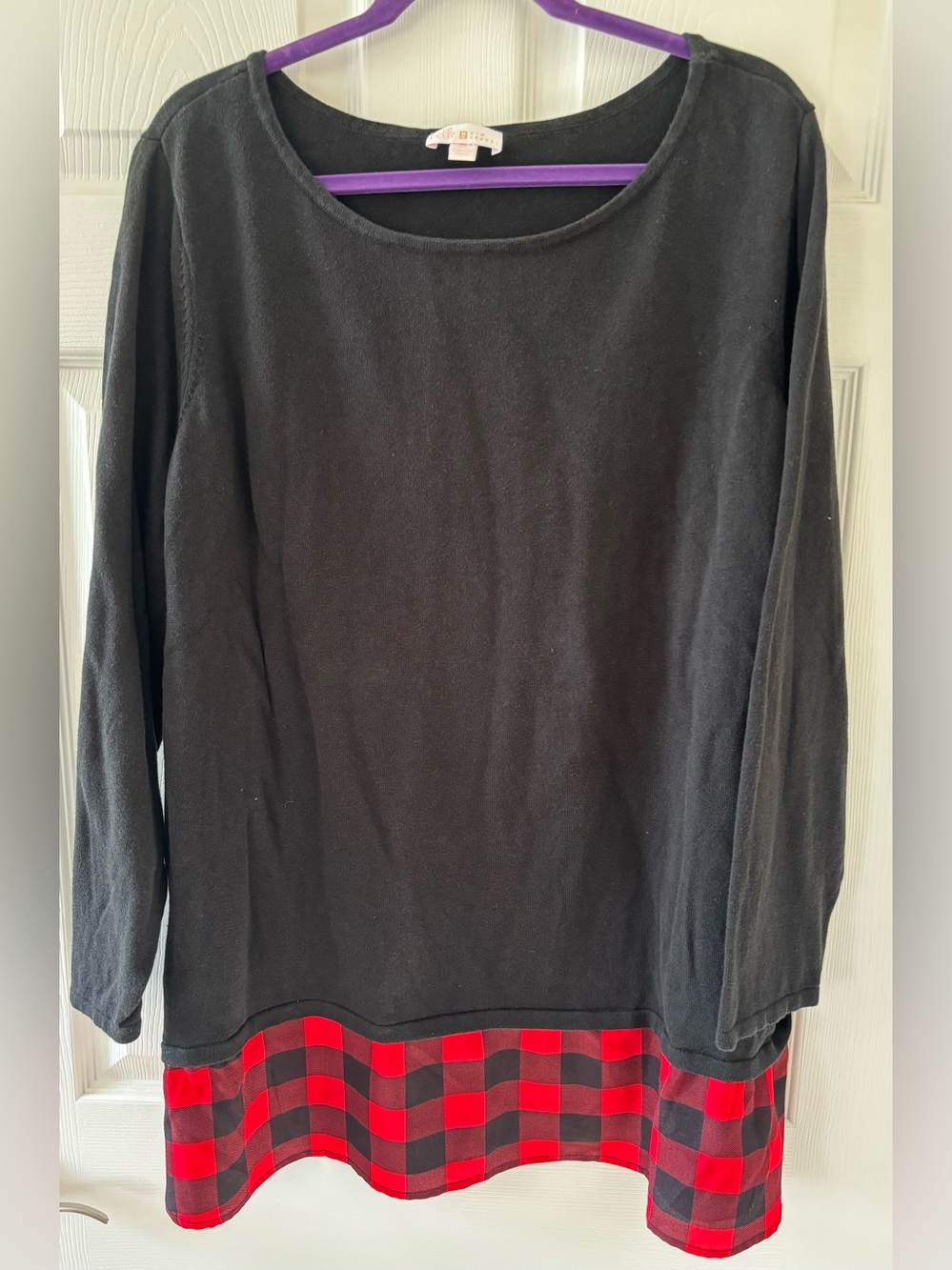 Belle by Kim Gravel Black Crewneck Sweater with Red Buffalo Plaid Hem
